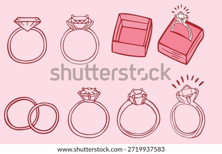 A beautiful and elegant hand-drawn collection of wedding rings and diamond engagement rings in a charming doodle sketch style. This set includes various ring designs, from classic bands to large sparkling solitaire diamonds, along with a ring box for proposal scenes. The line art is clean and romantic, making it perfect for wedding invitations, bridal shower decor, engagement announcements, and jewelry store branding. These versatile illustrations can be used for social media graphics, greeting cards, and scrapbooking. The soft pink aesthetic highlights the romantic theme, providing high-quality graphics for any wedding-related creative project.