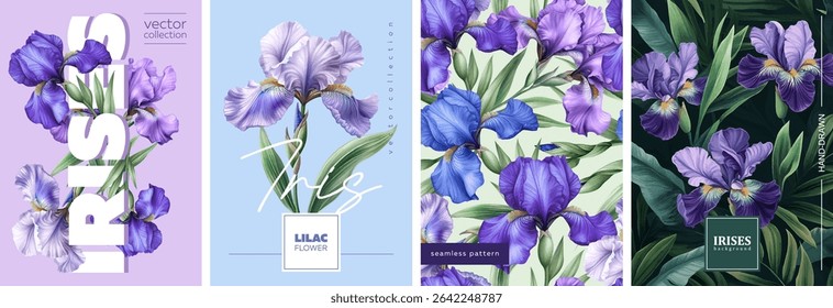 Beautiful and Elegant Iris Illustrations Ideal for Floral Design as Well as Home Decor. Vectorized hand drawn gouache illustrations.