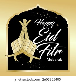 Beautiful Elegant Islamic Eid Mubarak greeting card design with square design, "ketupat" icon illustration. Design suitable for social media, status, wallpaper. Vector illustration
