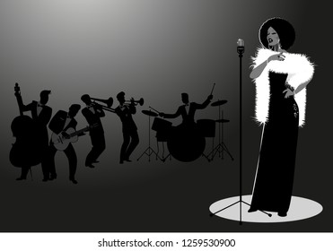 Beautiful and elegant jazz singer singing solo. Male orchestra in the background. Retro style.