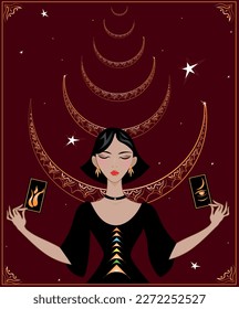 A beautiful elegant lady future teller in luxurious velvet holds tarot cards. Tarot divination.