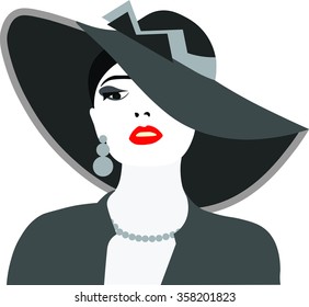 Beautiful Elegant Lady with red lips and hat. Vector