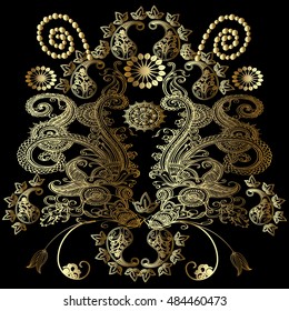 Beautiful elegant luxury gold vector floral Paisley vintage ornament on the black background.
Rich decor. 