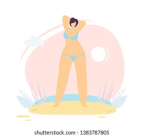 Beautiful Elegant Overweight Cartoon Woman Character in Bikini Posing on Summer Sand Beach Love Body Motivation Flat Promo Banner in Vector Style Positive Illustration Inspire Adore Own Figure