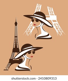 beautiful elegant parisian woman wearing sunglasses and wide brimmed hat with eiffel tower outline - glamorous fashionista travel in Paris vector design set