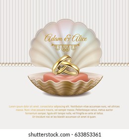 Beautiful elegant premium wedding invitation in white and gold colors, with wedding golden rings in a sea shell and pearls, Vector illustration. Eps 10