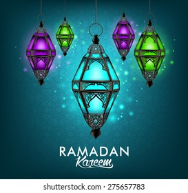 Beautiful Elegant Ramadan Kareem Lantern or Fanous Hanging With Colorful Lights in Night Background With Islamic or Arabic Pattern. Editable Vector Illustration