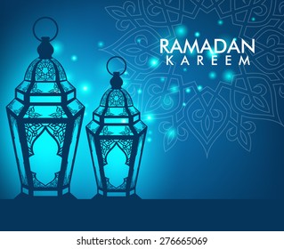 Beautiful Elegant Ramadan Kareem Lantern or Fanous With Pattern and Lights in Night Background for the Holy Month Occasion of fasting. Editable Vector Illustration