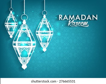 Beautiful Elegant Ramadan Kareem Lanterns or Fanous Hanging With Colorful Lights in Islamic Pattern Background for the Holy Month Occasion of fasting. Editable Vector Illustration