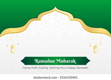 A beautiful and elegant Ramadan Mubarak background featuring a vibrant green color palette with intricate golden details.traditional Islamic elements such as arches and hanging lanterns. 