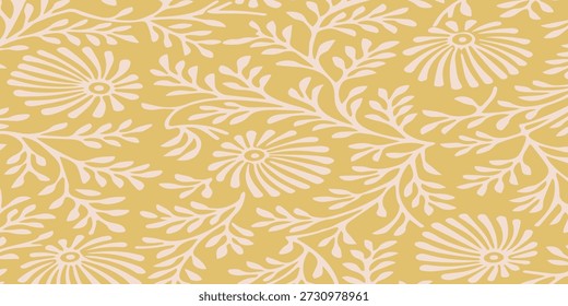 Ein schönes und elegantes, nahtloses Muster mit zarten Blattmotiven und abstrakten Blumendesigns, das eine harmonische und fließende Komposition auf weichgelbem Hintergrund schafft.
