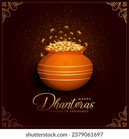 beautiful and elegant shubh dhanteras cultural event background with golden coin pot vector. Translation: Happy Dhanteras, dhan means wealth teras means thirteen