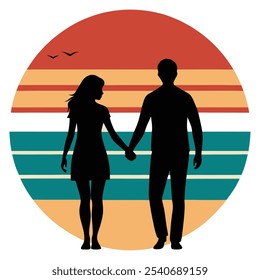 Beautiful and elegant silhouette of a couple holding hands at sunset, available as line art, icon, logo icon, and clipart design. Perfect for romantic, wedding, or love-themed projects,