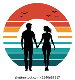 Beautiful and elegant silhouette of a couple holding hands at sunset, available as line art, icon, logo icon, and clipart design. Perfect for romantic, wedding, or love-themed projects,