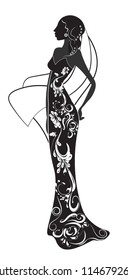 beautiful, elegant silhouette of the woman, bride, in a long dress