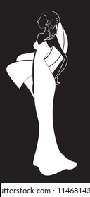 beautiful, elegant silhouette of the woman, bride, in a long dress