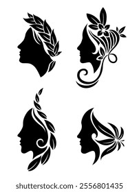 Beautiful, Elegant Silhouettes of Women Adorned with Colorful Floral Designs and Patterns. Beauty logo design