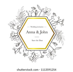 Beautiful elegant simple wedding invitation with outline hand drawn flowers and leaves. Save the date. - Vector