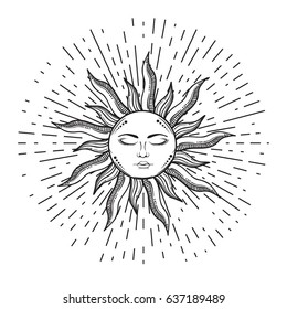 Beautiful elegant sun face symbol Tattoo design.Vector illustration. Alchemy symbol