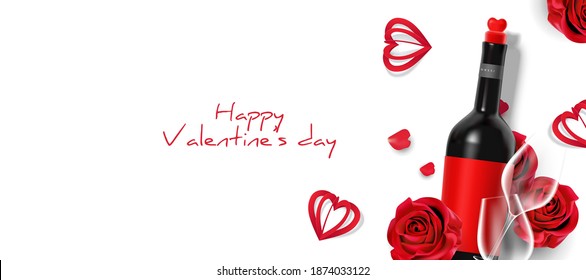 Beautiful elegant Valentine's day realistic flat lay banner with copy space vector