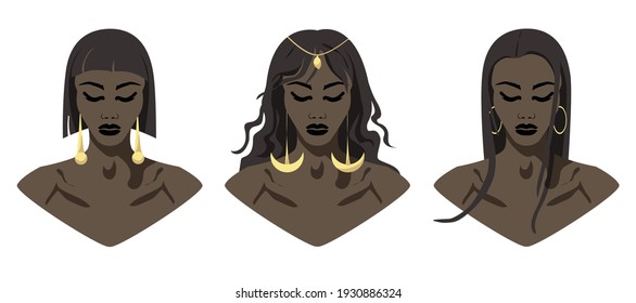 Beautiful elegant vector black women with gold jewelry and various hairstyles isolated on white background. Dark-haired African American stylish girls with closed eyes. A variety of women's haircuts.