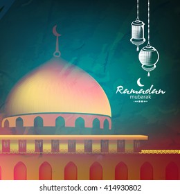 Beautiful and elegant wallpaper design on paper texture background showing mosque scene in holy month of Ramadan Kareem.
