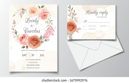 Beautiful and elegant wedding invitation card template set with floral frame