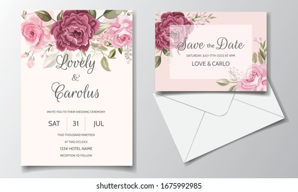 Beautiful and elegant wedding invitation card template set with floral frame