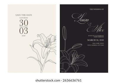 Beautiful and elegant wedding invitation cards set with minimalist flowers design. Simple and elegant wedding card template. Wedding invitation with flowers.