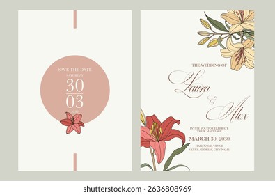 Beautiful and elegant wedding invitation cards set with minimalist pink flowers design. Simple and elegant wedding card template. Wedding invitation with flowers.