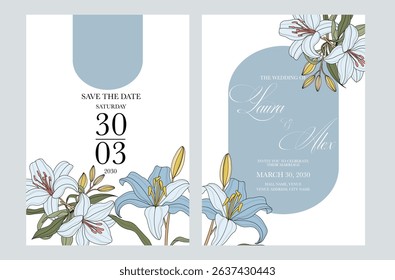 Beautiful and elegant wedding invitation cards set with minimalist blue flowers and leaves design. Simple and elegant wedding card template. Wedding invitation with flowers.