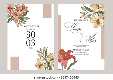 Beautiful and elegant wedding invitation cards set with minimalist pink flowers and leaves design. Simple and elegant wedding card template. Wedding invitation with flowers.