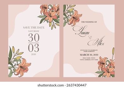 Beautiful and elegant wedding invitation cards set with minimalist pink flowers and leaves design. Simple and elegant wedding card template. Wedding invitation with flowers.