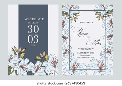 Beautiful and elegant wedding invitation cards set with minimalist blue flowers and leaves design. Simple and elegant wedding card template. Wedding invitation with flowers.