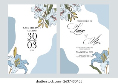 Beautiful and elegant wedding invitation cards set with minimalist blue flowers and leaves design. Simple and elegant wedding card template. Wedding invitation with flowers.