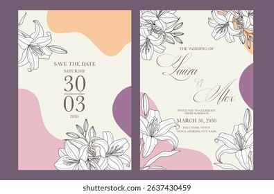 Beautiful and elegant wedding invitation cards set with minimalist pink flowers and leaves design. Simple and elegant wedding card template. Wedding invitation with flowers.