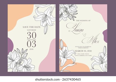 Beautiful and elegant wedding invitation cards set with minimalist pink flowers and leaves design. Simple and elegant wedding card template. Wedding invitation with flowers.