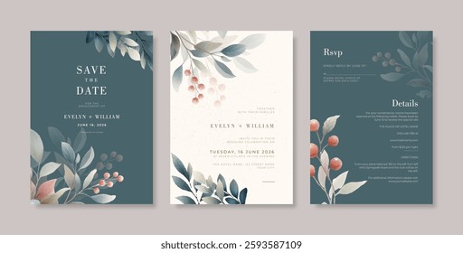 Beautiful and elegant wedding invitation template with beautiful watercolor flower