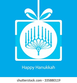 Beautiful elegant white text design inscription Happy Hanukkah gift candle on a candlestick 9 and six-pointed star on a blue background. Greeting retro card in vector illustration EPS 10