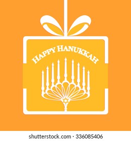 Beautiful elegant white text design inscription Happy Hanukkah gift candle on a candlestick 9 and six-pointed star on an orange background. Greeting retro card in vector illustration EPS 10