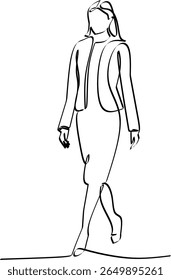 Beautiful elegant woman in fashionable dress  mono line or single line art Continuous vector illustration 