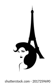 beautiful elegant woman with gorgeous hairstyle and eiffel tower behind - fashion girl travel in Paris vector black and white portrait