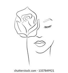 beautiful elegant woman with rose one line draw vector illustration