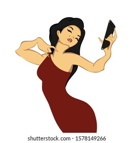 Beautiful and elegant woman takes a selfie on her smartphone. The woman in the red dress. Vector illustration