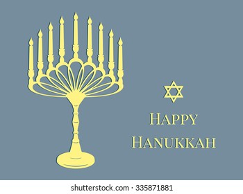 Beautiful elegant yellow text Design. Inscription Happy Hanukkah candle on a candlestick 9 and six-pointed star on a blue background. Vector illustration EPS 10