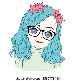 A beautiful, elegant young girl wearing glasses and placing roses on her hair