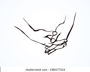 Beautiful elegant young guy interlink wrist on light background. Line engage logo pictogram. Outline black ink drawn emblem in retro art doodle cartoon style on paper space for text. Closeup side view