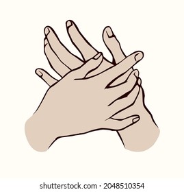 Beautiful elegant young guy interlink wrist on light background. Line engage logo pictogram. Outline black ink drawn emblem in retro art doodle cartoon style on paper space for text. Closeup side view