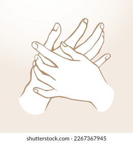 Schöner, eleganter Junge verbindet Handgelenk auf hellem Hintergrund. Logo-Piktogramm der Linie einbinden. Umrissfarbenes, gezeichnetes Emblem im Retro-Art-Doodle-Cartoon-Stil auf Papierfläche für Text. Nahaufnahme der Seitenansicht