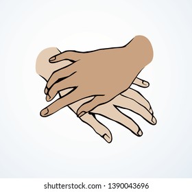 Beautiful elegant young hands interlinks wrist on light background. Line engage logo pictogram. Outline black ink drawn emblem in retro art doodle cartoon style on paper space for text. Closeup side view